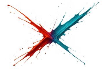 Dynamic red and blue paint splashes forming an X, isolated on transparent background