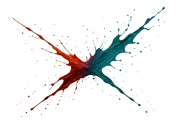 Dynamic red and blue paint splash collision, isolated on transparent background.