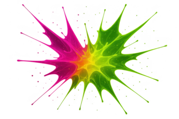 A vibrant abstract ink splatter isolated on a transparent background, colorful