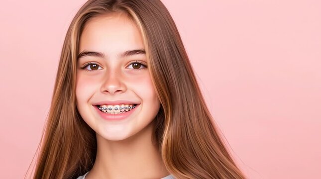 Smiling Teenage Girl with Braces on Soft Pink Background in Close-Up Portrait Composition
