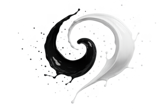 Dynamic black and white liquid splashes swirling, isolated on transparent background