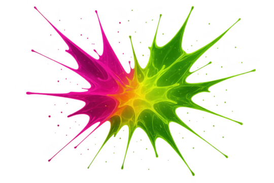 A vibrant abstract ink splatter isolated on a transparent background, colorful