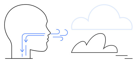 Side profile showing airflow arrows indicating inhalation and exhalation, with minimalist clouds representing air or environment. Ideal for health, respiration, environment, science, meditation