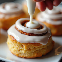 Delicious Cinnamon Rolls Being Frosted with Creamy Icing in a Cozy Kitchen Setting