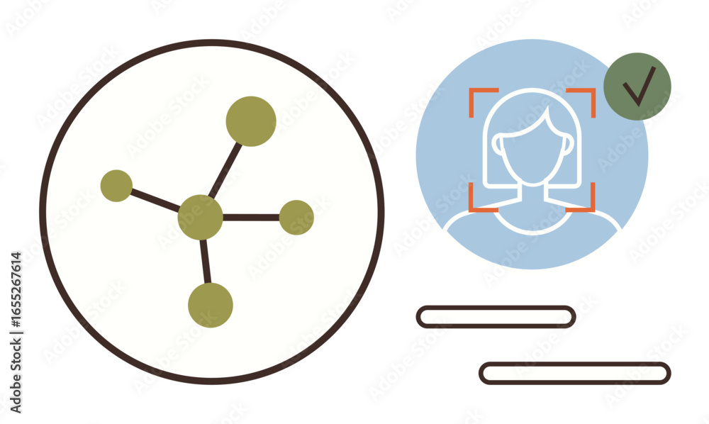 Poster facial recognition process with interface, checkmark verification, molecular network structure. idea