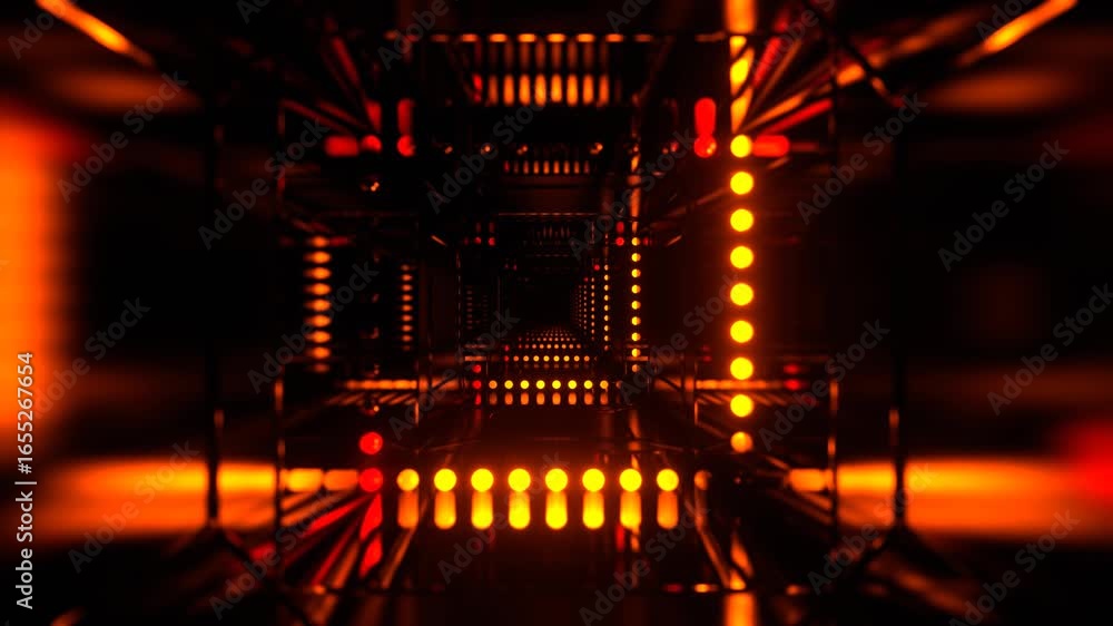 Poster futuristic sci-fi corridor with glowing orange lights creating an infinite tunnel effect.