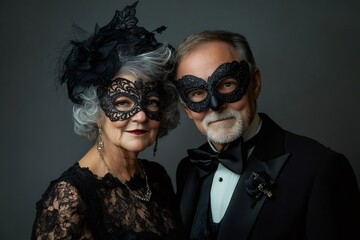Senior couple wearing elegant gothic masquerade costumes and black masks posing for a portrait on a gray background