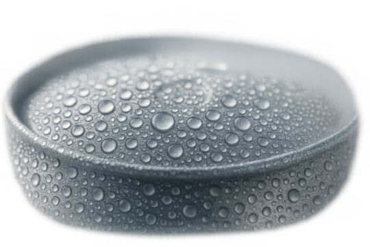 Close-up of cold metallic disc with condensation droplets on transparent background