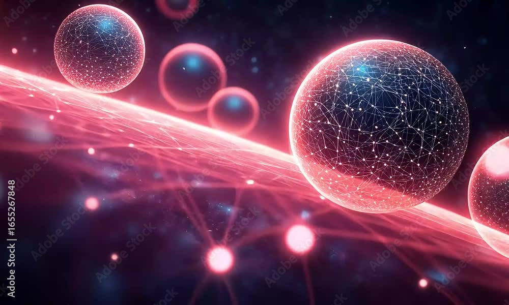 Poster dynamic network of interconnected spheres in space.