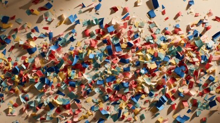 Fototapeta premium Scattered paper confetti in blues, yellows, and reds, filling the frame on beige