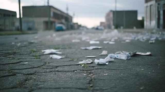 Trash blowing across urban street with scattered litter on pavement