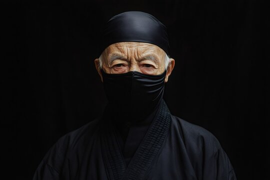 Portrait of an elderly ninja master wearing a traditional black suit and mask, conveying a sense of mystery and ancient martial arts expertise