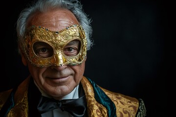 Portrait featuring an elegant senior man donning a venetian mask, striking a pose against a dark background, exuding mystery and allure
