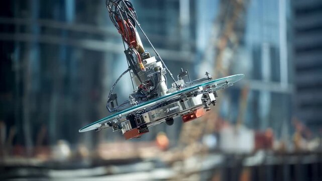 Robotic arm lifting a circular glass panel highlights modern construction techniques, set against the backdrop of a towering skyscraper under development in an urban landscape