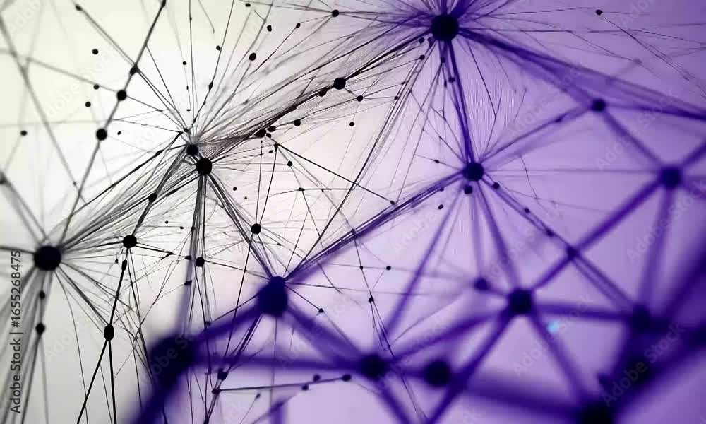 Poster futuristic data web animation of a rotating plexus network with pulsing nodes and shifting connectio