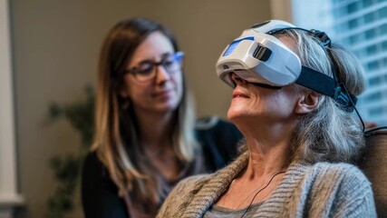 Therapists focused face watching a patient play a breathing exercise game with haptic feedback emphasizing relief techniques for chronic pain softly blurred surroundings.