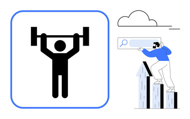 Man lifting barbell symbolizing strength, beside a person climbing growth arrows holding a search bar. Ideal for success, fitness, growth, goal-setting, improvement, leadership perseverance. Simple
