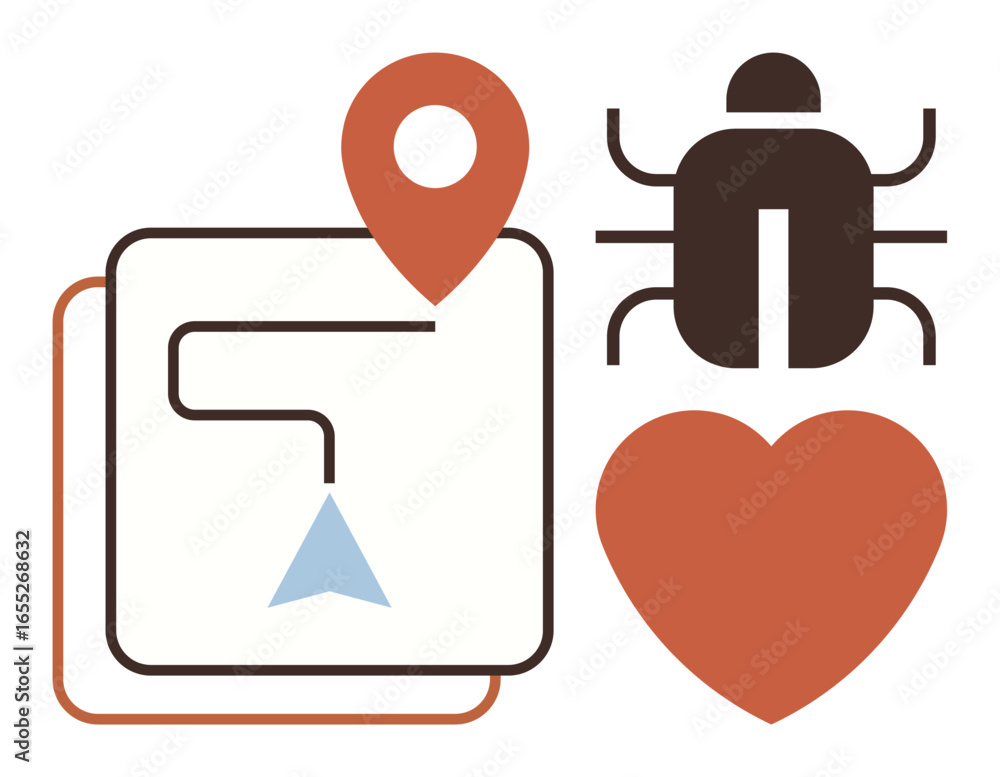 Poster map route with navigation arrow, bug, and heart combined to express travel, challenges, values. idea