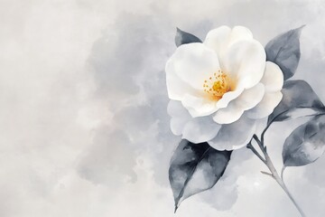 Delicate watercolor painting of a white camellia flower with subtle gray leaves on a textured gray background, creating a serene and minimalist botanical illustration