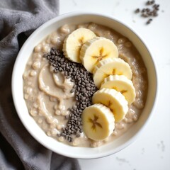 Overnight oats with banana slices and chia seeds in a bowl. Creamy, wholesome grain breakfast preparation. Healthy, simple, delicious vegan meal, natural ingredient, good for diet and nourishment.