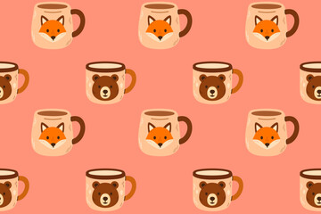 Seamless pattern with animal mugs bear and fox on pastel background