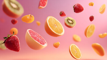 Fresh fruit floating in air healthy food strawberry kiwi orange grapefruit diet