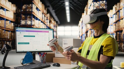 Staff wearing a VR headset for 3D simulation powered by artificial intelligence, supporting order processing and inventory control. Monitoring real time shipment parcel tracking. Camera A.