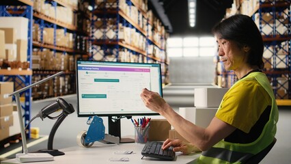 Asian employee typing tracking info from airway bill labels before shipping parcels, managing the...