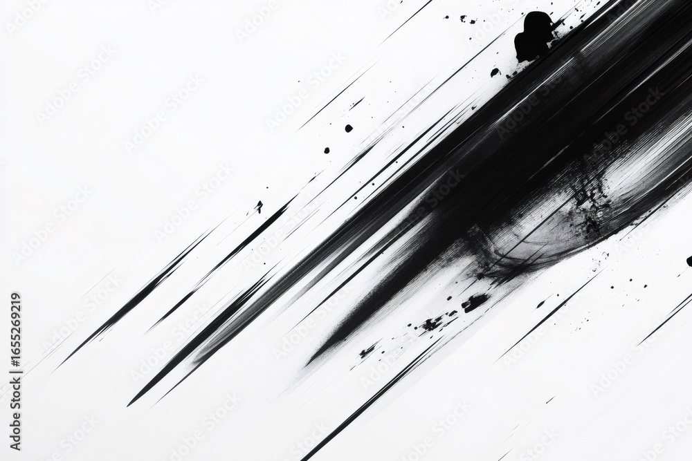 Poster dynamic composition featuring black brush strokes and splatters on a white background, creating an a