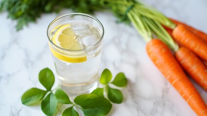 Fototapeta premium Refreshing Drink With Lemon And Carrots And Fresh Greens