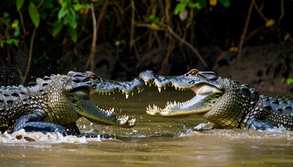 Obraz premium Two crocodiles clashing jaws in murky water, surrounded by lush vegetation