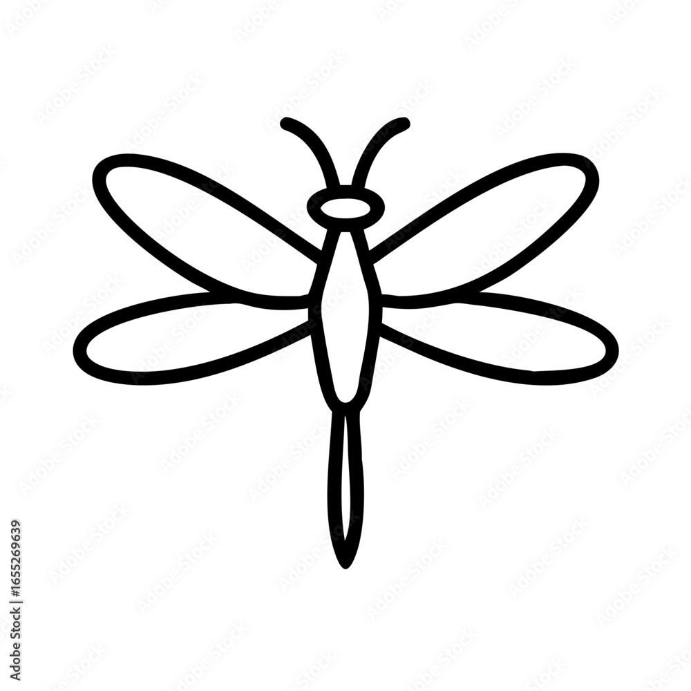 Poster simple line drawing of a dragonfly with four wings and antennae on a white background design element