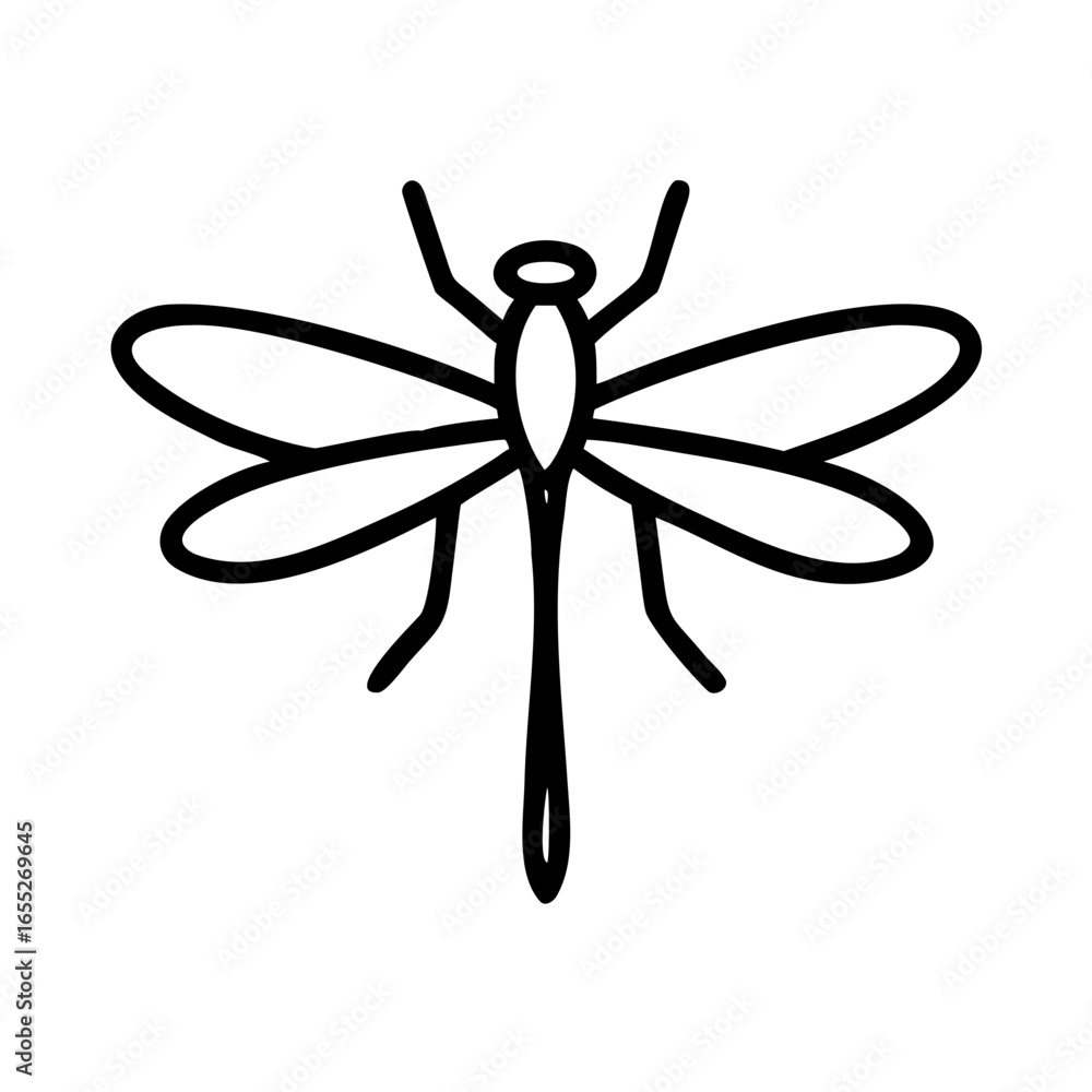 Poster simple line drawing of a dragonfly with wings spread and long tail in a minimalist style graphic des
