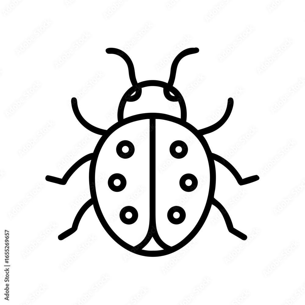 Poster simple line drawing of a ladybug with six spots and antennae on a white background design element