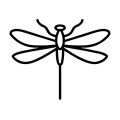 A simple graphic of a dragonfly with its wings spread and a long tail, in a minimalist style design