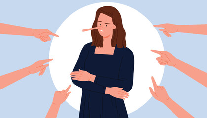 Public judgment, shame of hypocritical behavior, lying and deception, dishonesty of person. Hands of people pointing fingers at liar woman with funny big nose of Pinocchio cartoon vector illustration