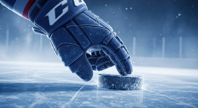Close-up of gloved hand placing hockey puck on ice rink before game start