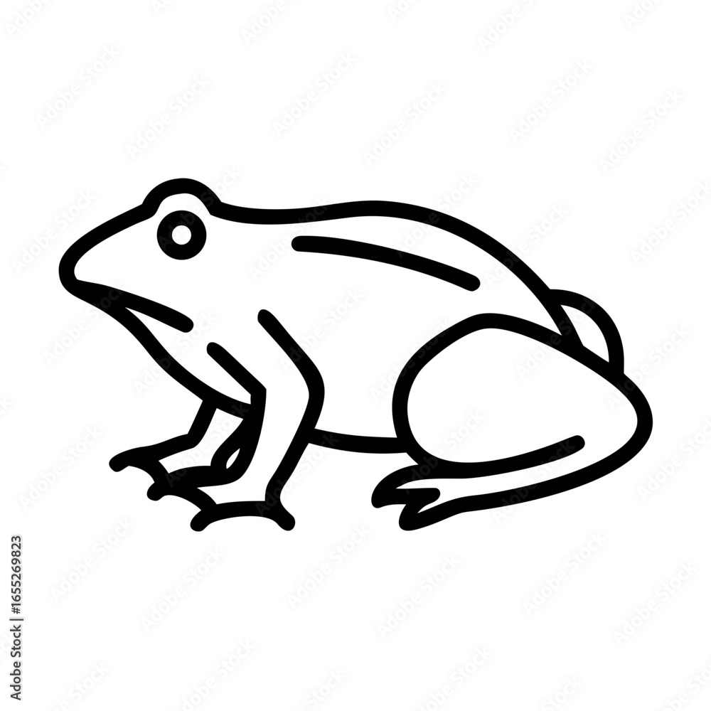 Poster simple outline drawing of a frog in profile with defined legs and a smooth body shape creating a des