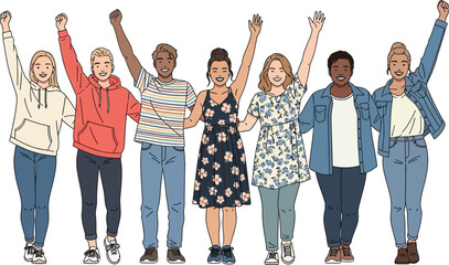 Obraz premium Illustration of seven diverse individuals with raised arms—wearing casual and floral outfits, symbolizing unity, celebration, and inclusivity for social and lifestyle design
