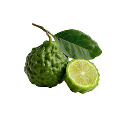 A Detailed Presentation of Kaffir Lime Whole Fruit Halved Section and Attached Leaf Against a Pure White Background isolated on transparent background