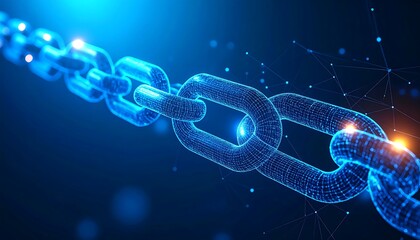 A digital chain links together, showcasing a complex network structure with glowing points of connection.