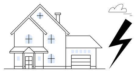Two-story house with garage, slanted black lightning bolt, and floating cloud. Ideal for home safety, energy management, renewable energy, weather preparedness, architecture, real estate simple