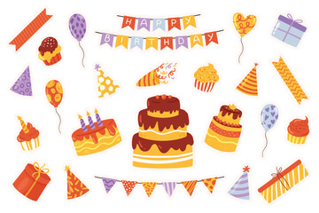 Birthday fun party celebration set, cartoon cute sticker collection, anniversary event holiday elements vector illustration. Bundle of cake, drink, gift, decorations festive party celebration stickers