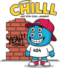 Cartoon blue character with three eyes, red cap, and “404” shirt—standing in front of graffiti wall with “CHILLL” and “JUST STAY COOL THE MOMENT” text for streetwear design