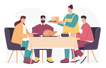 Family dinner at home vector illustration. Cartoon parents and children eating holiday meals together, happy mother and father, daughter and son sit at kitchen table to eat Thanksgiving turkey