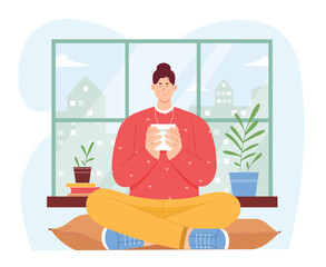 Happy girl with hot coffee sitting by window at home vector illustration. Cartoon woman holding cup to enjoy drink, self care of mental health with positive good thoughts and spiritual meditation