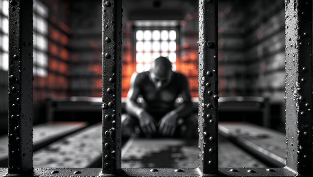 A man sits alone in a prison cell, behind the bars, filled with despair and isolation.