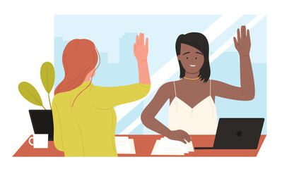 Positive work communication of employees vector illustration. Cartoon happy girls with hands up sitting at office table with laptops to vote for business project, collaboration of female managers