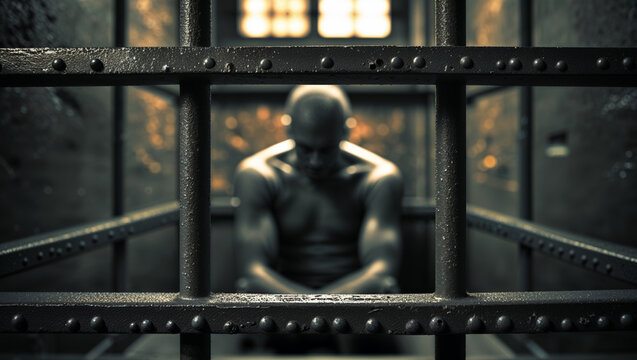 A man sits alone in a jail cell, behind bars, in a moment of quiet reflection.