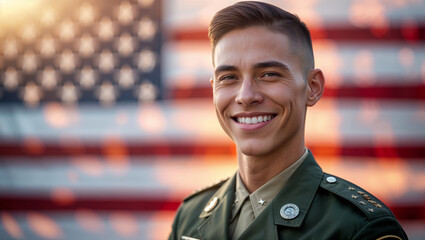 A proud and smiling soldier stands before the American flag, embodying patriotism and service.